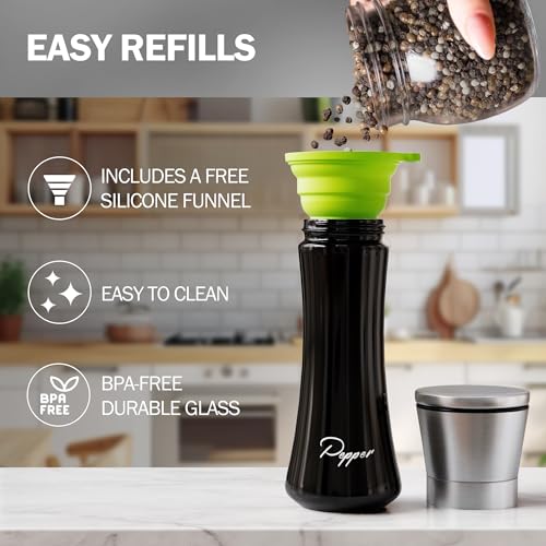 Image of HOME EC Stainless Steel Salt and Pepper Grinder Set of 2 - Adjustable Ceramic Sea Salt Grinder & Pepper Grinder - Glass Salt and Pepper Shakers - Pepper Mill & Salt Mill W /Funnel - Black and White