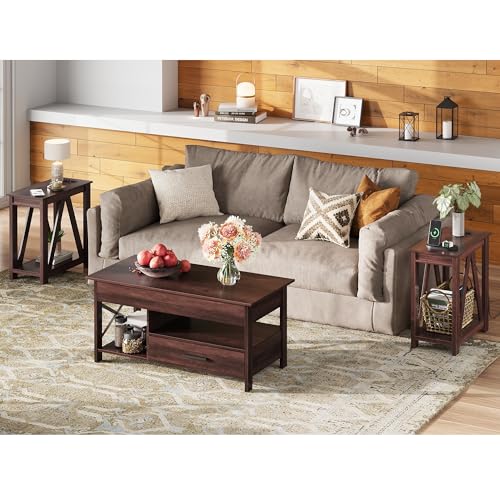 Image of WLIVE End Tables Living Room Set of 2 with Charging Station, Sofa Side Tables with Open Storage Shelf, Slim Farmhouse End Table Sets, Espresso