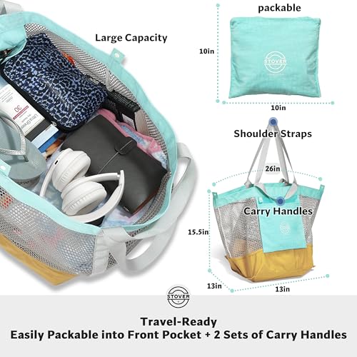 STOVER Large Mesh Beach Bag, Vacation, Pool, Shopping, & Travel Tote - Foldable w/Storage Pockets for Women, Men & Families4