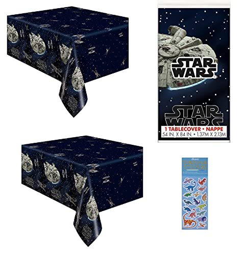 Unique Star Wars Classic Birthday Party Supplies Bundle Pack Includes 2 Plastic Table Covers and 1 Dinosaur Sticker Sheet