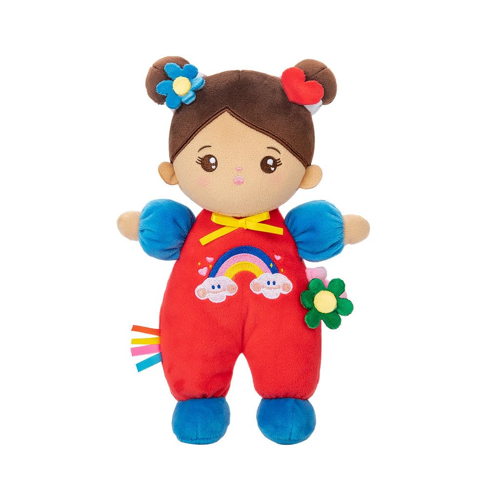 OUOZZZ Brown Baby Doll for Girls 10" - Machine Washable Soft Rag Doll - Safe Rattle Ragdoll - Birthday for Girls