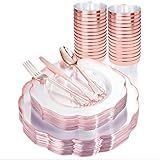 BUCLA 30Guest Clear And Rose Gold Plastic Plates With Rose Gold Plastic Silverware& Disposable...