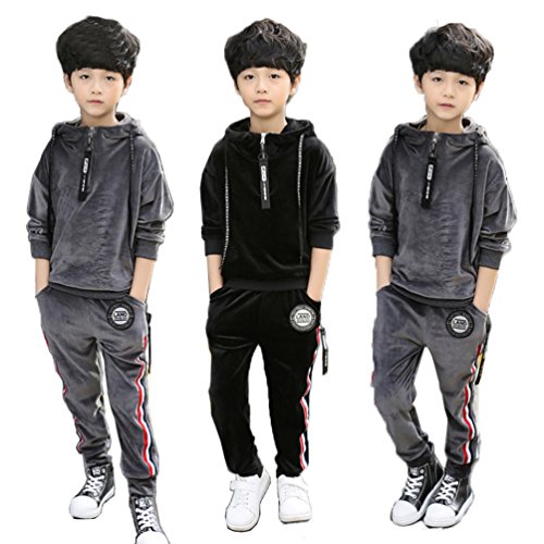 男の子 春秋冬スウェット パンツ セットアップ 2点上下セット トレーナー プルオーバー フード付きパーカー 長袖 キッズ ジュニア 子供服 トレーニングウェア スポーツウェア (130 グレー（裏起毛）)