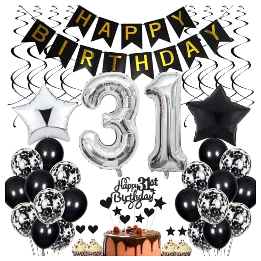 Decoración de cumpleaños para 31 años, color negro, decoración para tartas de 31 años, para hombres, color negro y blanco, decoración de 31 cumpleaños para mujeres y hombres, decoración de cumpleaños