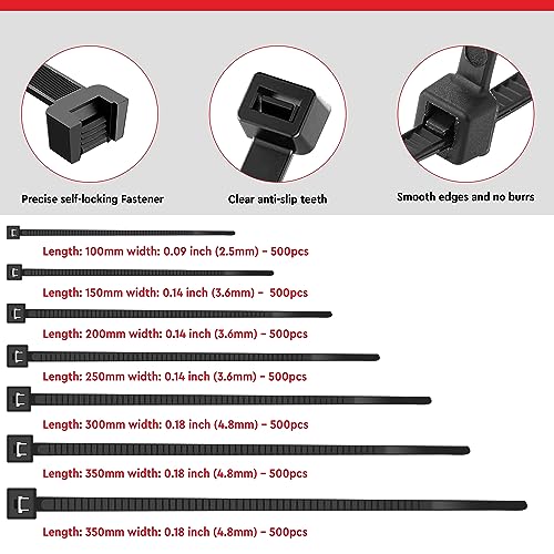 Image of Robustt Self Locking Cable Ties | 200 X 3.6 mm | 500 Pieces, Black | Heat Resistant Cable Zip Ties | Self-Locking Cable Organizer | Anti - Slip Wire Organizer | For Indoor & Outdoor Use