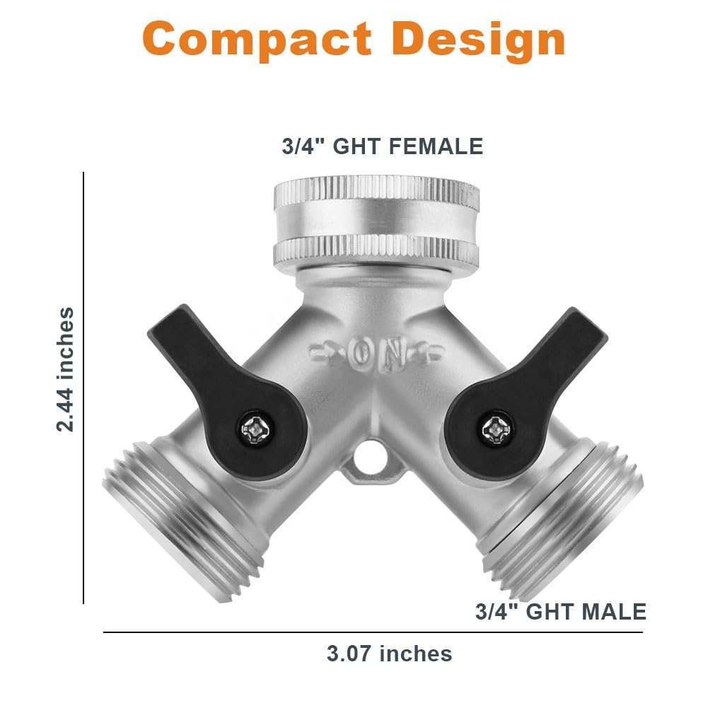 flintronic 2 Way Brass Hose Splitter, 3/4" Tap Garden Hose Connector, Y Valve Tap Connectors with Individual On/Of, Faucet Splitters for Garden, Outdoor, Lawn, Courtyard, Kitchen (Silver) - Image 2