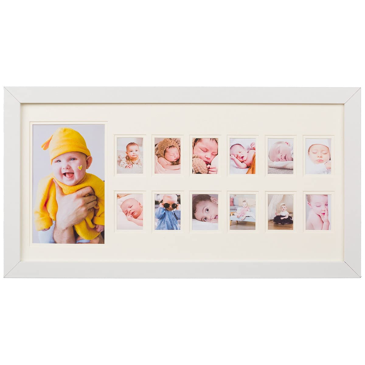 WOOD SIDE ORBISMy First Year Photo Moments Baby Keepsake Frame with Double Mat, Stand and Hangers, Gift for Mother or Parents - White