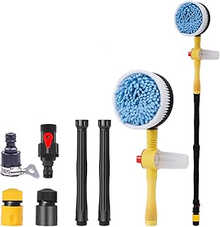 Rotating Car Wash Brush with Soap Dispenser & Hose Attachment, Soft Bristle Car Spin Mop Washing Scrub Brush Long Handle, Water Flow Through High Pressure Car Cleaning Brush Kit
