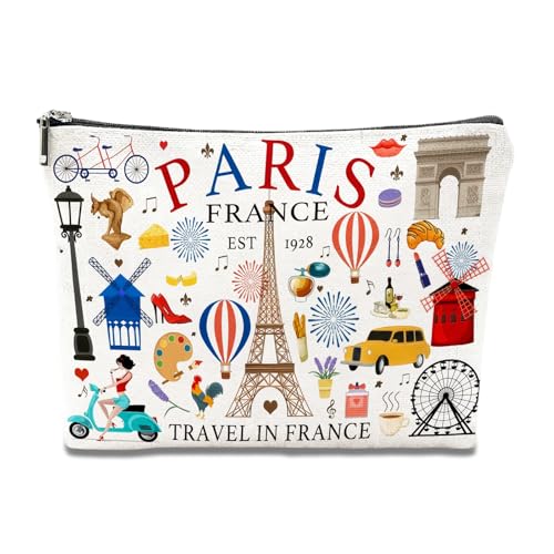 Paris Travel Gift Makeup Bag, Paris Themed Gifts for Women, Eiffel Tower Cosmetic for Friends, Mom, Sister, Zipper Pouch Bag Purse, Beauty Gifts for Girls Women