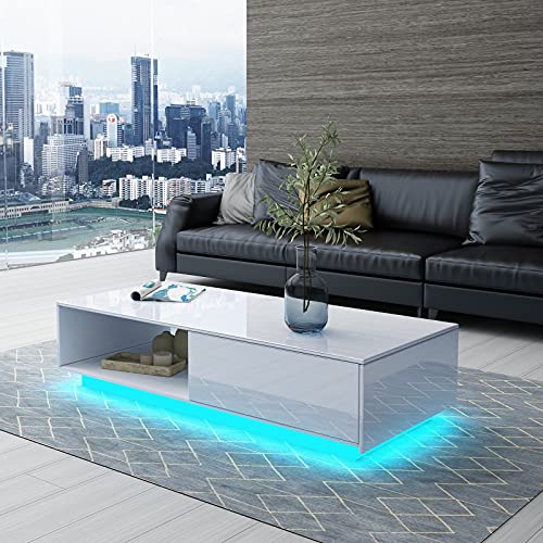Senvoziii Couchtisch Modern Led mit Stauraum Hochglanz Wohnzimmertisch Kaffeetisch Rechteckiger Tisch für Wohnzimmer Büromöbel Weiß Cover