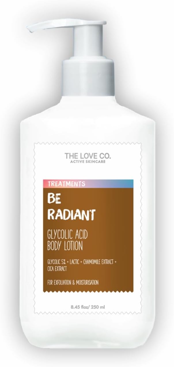 THE LOVE CO. 5% Glycolic & 2% Lactic Acid Exfoliating Body Lotion - With Jojoba & Shea Butter - Soothing Chamomile & Cica - Vitamin E - For Brighter Skin - Active Skincare - 250ml