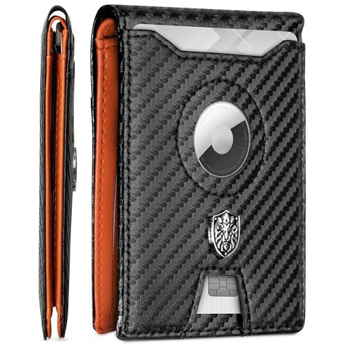 Image of ALPHA PAIR Slim Wallet with AirTag Holder Minimalist AirTag Wallet - Bifold AirTag Wallet Men with 10 Credit Card Slots, 1 Transparent ID Window - Mens Wallet with AirTag for Apple-Orange