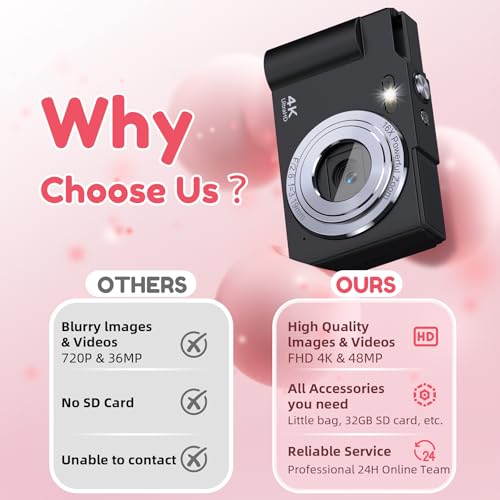 Image of Digital Camera, FHD 4K Digital Point and Shoot Camera with 16X Zoom Anti Shake, 48MP Compact Small Camera with 32GB Card for Boys Girls Kids