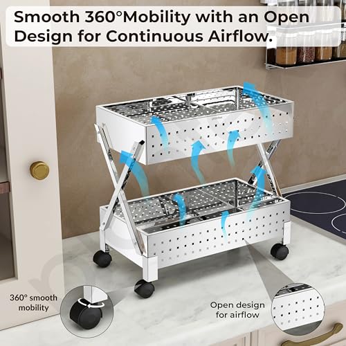 Image of Plantex 2-Tier Vegetable Stand /Onion Potato Rack for Kitchen Trolley /Vegetable Organizer Rack /Stainless Steel Space Saving Organizer Basket Stand /Heavy Duty Rolling Utility Cart-(Chrome)