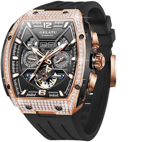 Image of OLEVS GELATU Men Watch Automatic Tonneau Watch Skeleton Mechanical 50M Waterproof Sapphire Crystal Square Face Multi Calendar Tourbillon Male Watches