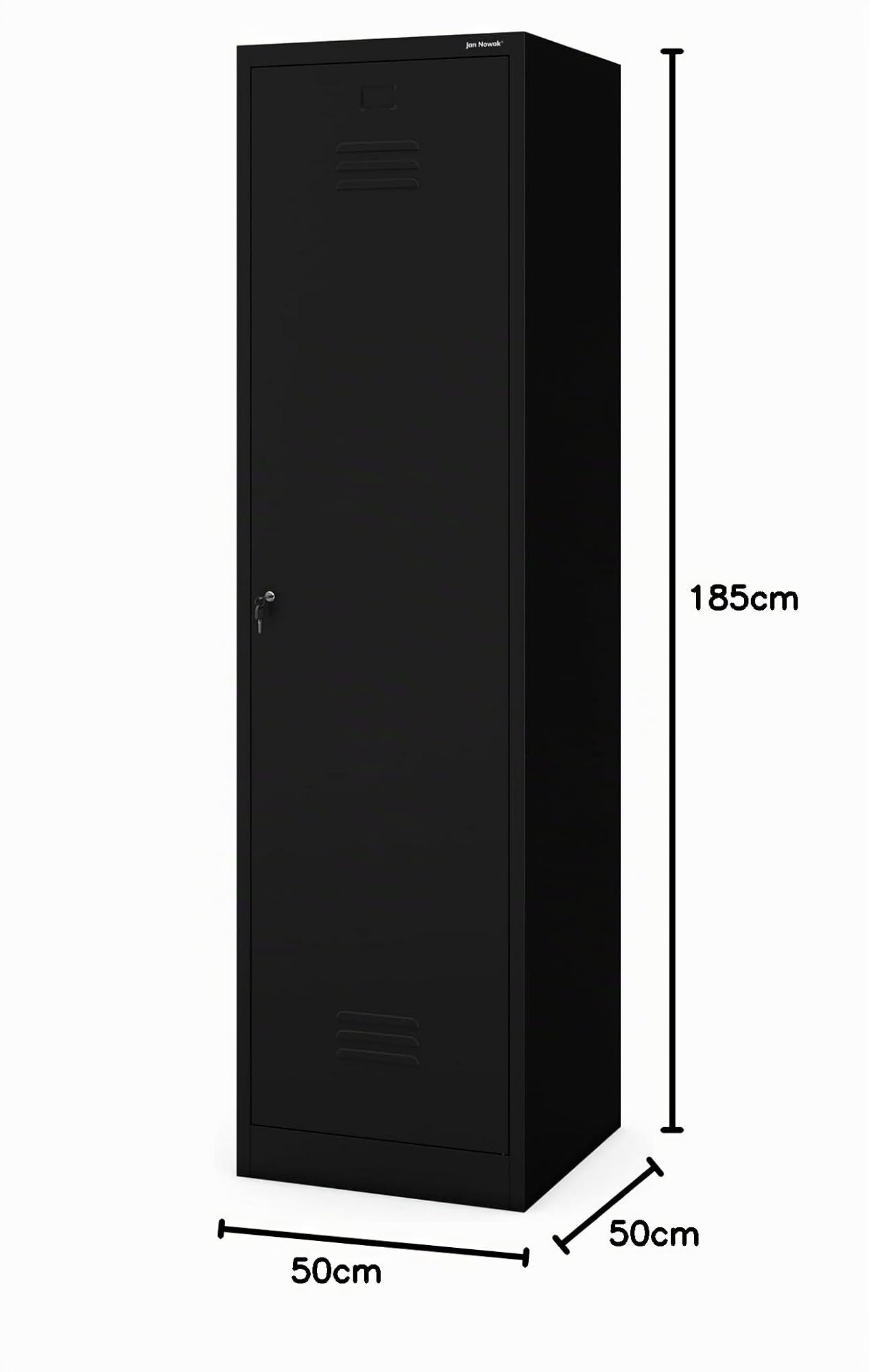 Jan Nowak Armoire de Rangement, Multifonction, Vestiaire Metallique | 185 cm x 50 cm x 50cm | Étagères, Crochets à vêtements | Fentes de Ventilation, Porte-étiquette, Verrouillable, Noir