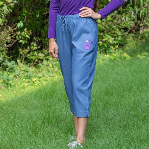 Denim Paw Print Capri Pants Embroidered Animal Lover Detail Elastic Drawstring Waist with Pockets Casual Lightweight Bottoms2