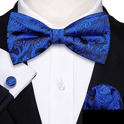 Image of Barry.Wang Paisley Striped Bow Tie for Men Silk Pre-Tied Bowtie Pocket Square Cufflinks Set Formal Wedding Party Prom