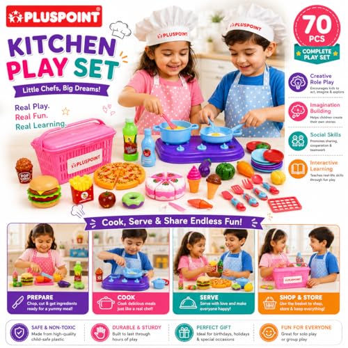 Image of PLUSPOINT 70Pcs The Big Basket Fruit Cutting Toy for Kids with Storage Basket Realistic Sliceable Food Cutting Pretend Play Kids Sets of Cake, Pizza, Kitchen Set, Fruits, Vegies, Fast Food