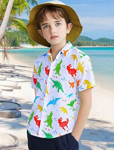 Image of Hawaiian Shirt for Boys Button Down Wrinkle Free Shirt Short Sleeve Funny Beach Casual Summer Print Top for Kids 4-15 Years