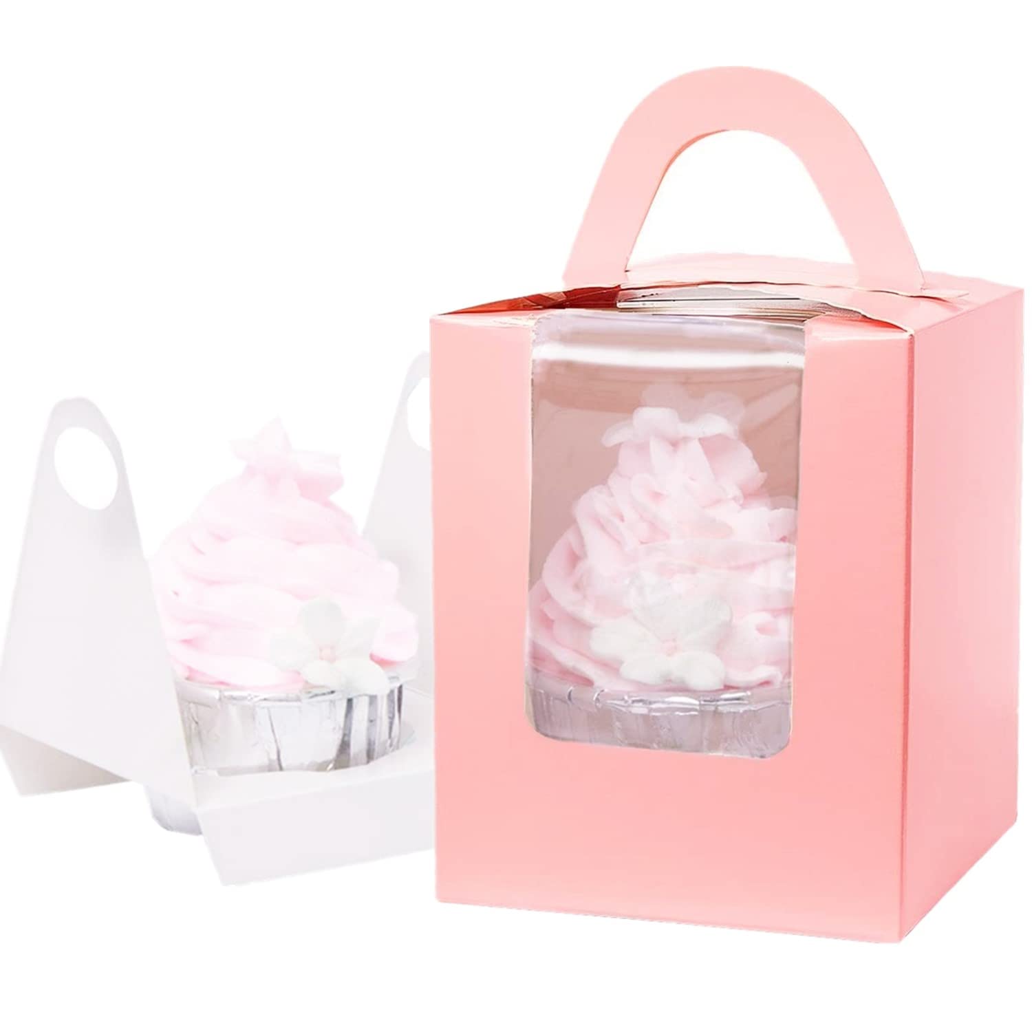 Buy 60 PCS Single Cupcake Boxes Cupcake Carrier with Handle and Window, Pink Individual Cupcake