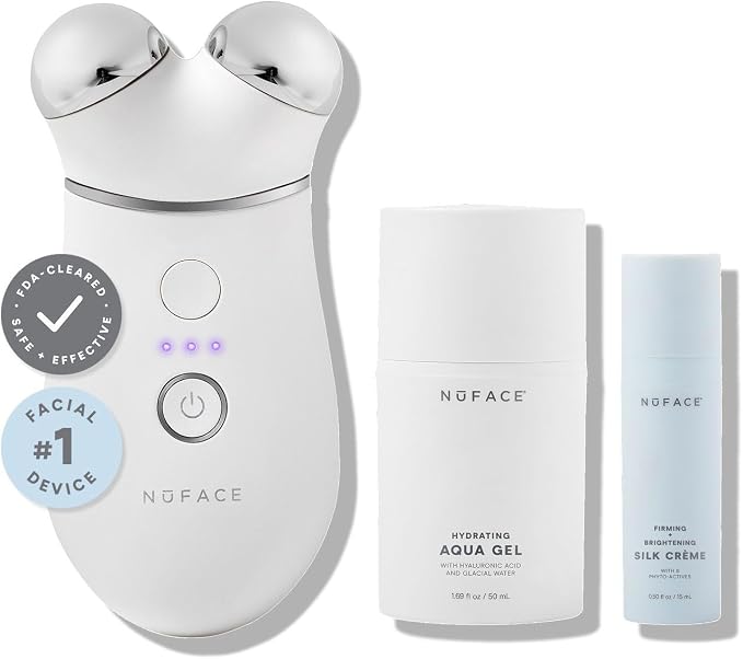 NuFACE TRINITY+ Microcurrent Facial Device Kit - FDA Cleared Face Sculpting and Neck Tightening Device to Contour Cheeks and Brows plus Microcurrent Gel Activator and Silk Creme