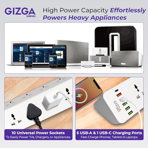 Image of Gizga Essentials Power Extension Board with 10 Universal Sockets, 5 USB & 1 Type C Port| Socket with 2M Cord, Surge Protector, Child Safety, Anti-Flaming Body, 10A Output, 250V Multi Plug Adapter