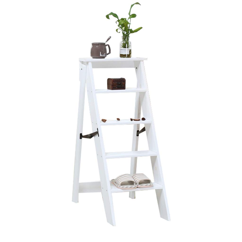 Wooden Folding Ladder 5 Steps 5 Steps Lightweight Portable for Children Adults, Max. 150 kg, Height 87 cm, White