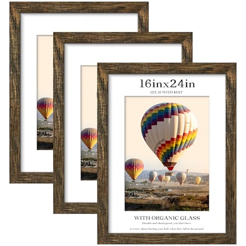 Picrit 16x24 Picture Frame 3 Pack, Brown Poster Frame, Display Poster 12 x 18 with Mat or 16 x 24 without Mat for Horizontal or Vertical Wall Mounting