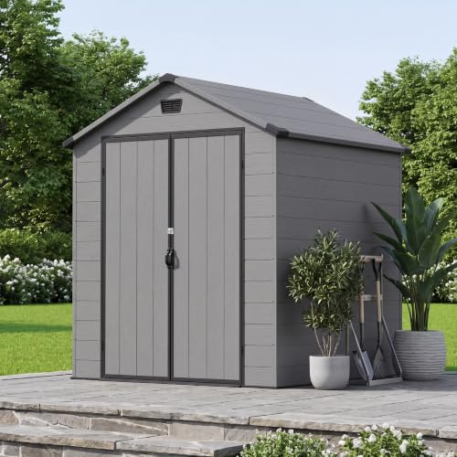 Image of Greesum 6x6FT Plastic Outdoor Storage Shed with Floor, Resin Sheds with Lockable Double Door, Tool Sheds with Window and Vents, for Backyard, Garden, Patio, Dark Gray