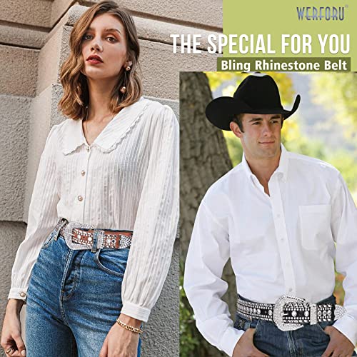 WERFORU Women Men Rhinestone Western Leather Belt Ladies Vintage Bling Cowgirl Cowboy Waist Belt for Jeans Dress-2