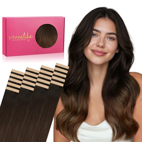 Image of WENNALIFE Tape in Hair Extensions Human Hair, 20pcs 50g 24 inch Ombre Dark Brown to Light Chestnut Brown Remy Hair Extensions Straight Human Hair Tape in Extensions Skin Weft Tape Extensions Human Hai