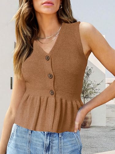 Womens 2025 Fall Winter Ruffle Hem Sweater Vests Sleeveless Peplum Cardigans Button Tank Top Knit Casual Vest Tops2
