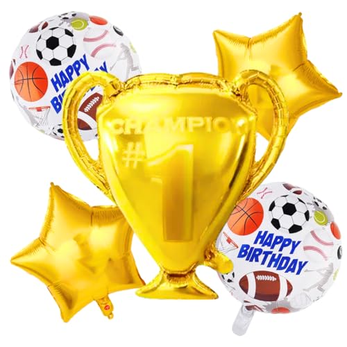 Image of Party Decorz Champion Trophy Balloon | Champion Trophy Foil Balloon Set Of 5pcs(1pcs Trophy Balloon+ 2pcs Star Balloon+ 2pcs Birthday Balloon) Football Theme, Sports Balloon Birthday Party Decorations