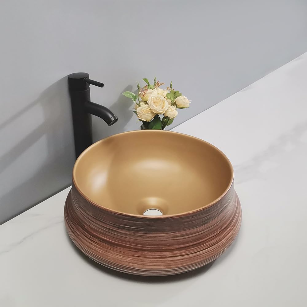 Zlewozmywak łazienkowy złoty okrągły brzuszek szczotkowany wzór umywalka na blat umywalka ceramiczna hotel apartament łazienka blat umywalka zlewozmywaki