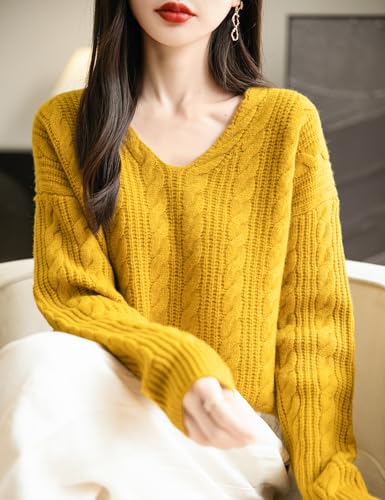 Image of Chanyarn Women's V Neck 100% Merino Wool Oversized Sweater 2025 Fall Winter Vintage Cable Long Sleeve Knit Sweater