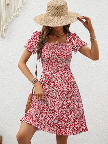 Image of Berydress Women's Summer Dresses 2026 Pockets Short Sleeve Square Neck Flowy A Line Casual Boho Smocked Mini Sun Dress