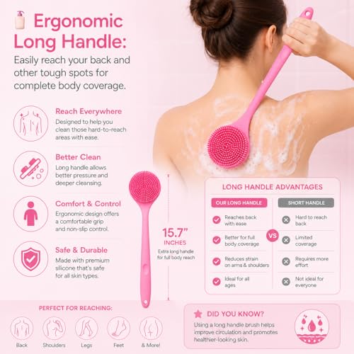 Image of ANTIL'S Soft Silicone Back Scrubber with Long Handle for Shower & Bath | Flexible Exfoliating Brush with Gentle Bristles for Smooth Skin | Body Scrubber for Men, Women & Boys | Ideal for Body Wash & Bathing (PINK) (PINK)