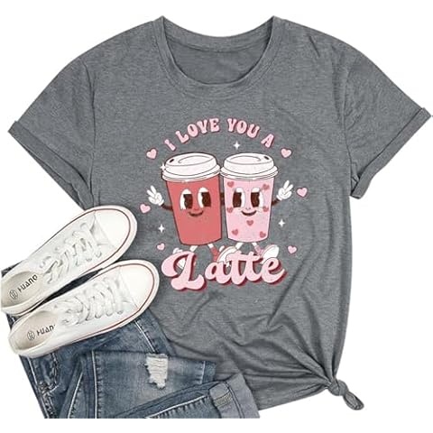 Women's Valentine's Day Shirts Funny Latte Coffee Lover Graphic Tees Short Sleeve Happy Valentines Day Shirt Tops(Latte,XL) Cover