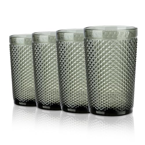 Joeyan Lot de 4 verres à boire vintage en relief, verres highball gris, verres à eau à motif diamant coloré de 350 ml, ensemble de verres pour boissons,jus,cocktails,bière, passent au lave-vaisselle