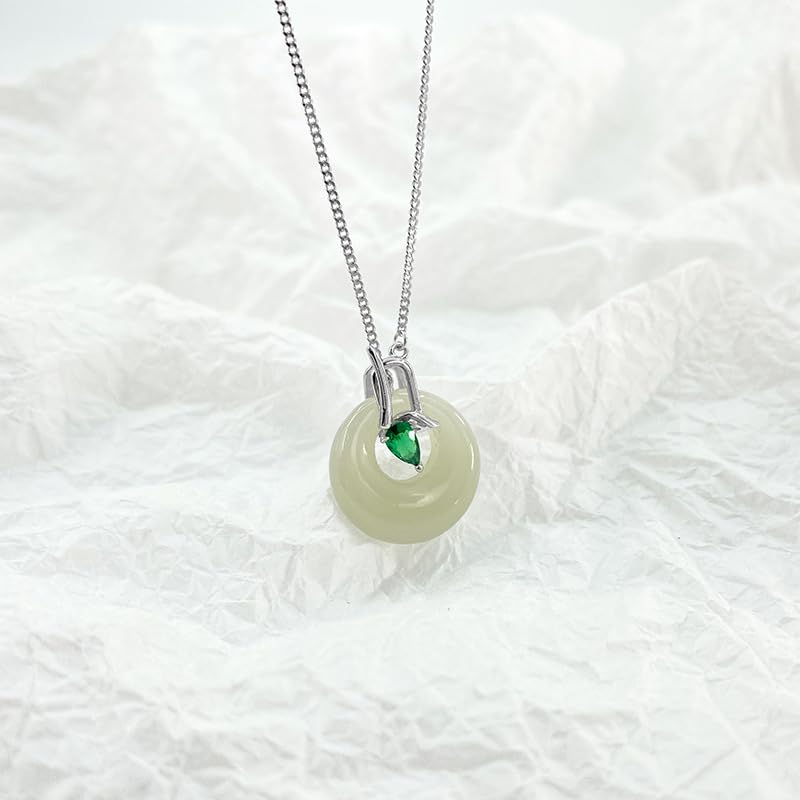 14K Gold Peaceful Pendant Necklace, Natural Hetian Jade and Moissanite Necklace, Chinese Style Jewelry Gift for Women4