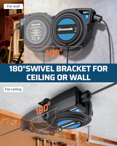 Image of DEWENWILS 50FT Retractable Extension Cord Reel, 6 Outlets,Integrated Switch | 14 /3AWG SJTOW, 180 Swivel Bracket Wall Mount, 13 Amp Circuit Breaker, ETL Listed