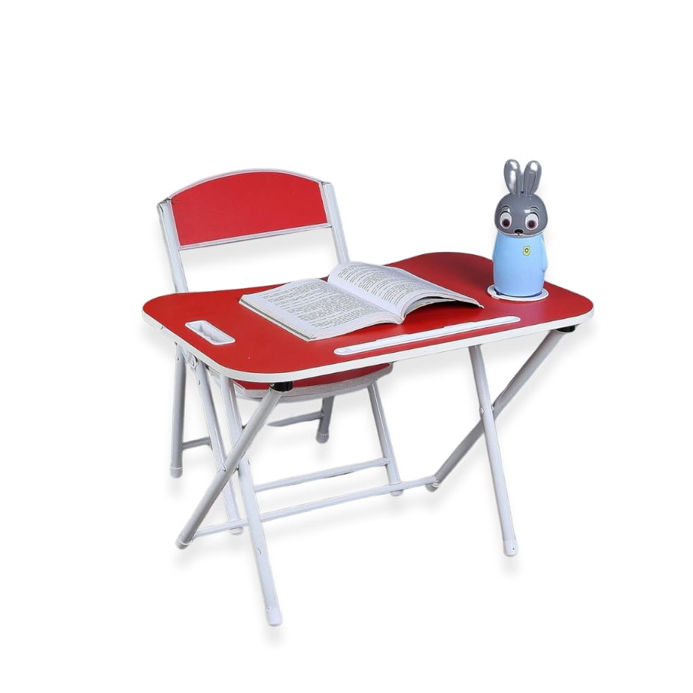 The Tickle Toe Foldable Kids Study Table and Chair Set | MDF Wood & Metal Frame | Compact Desk for Toddlers | Age 2-5 Years | Made in India | Red & Coffee Brown