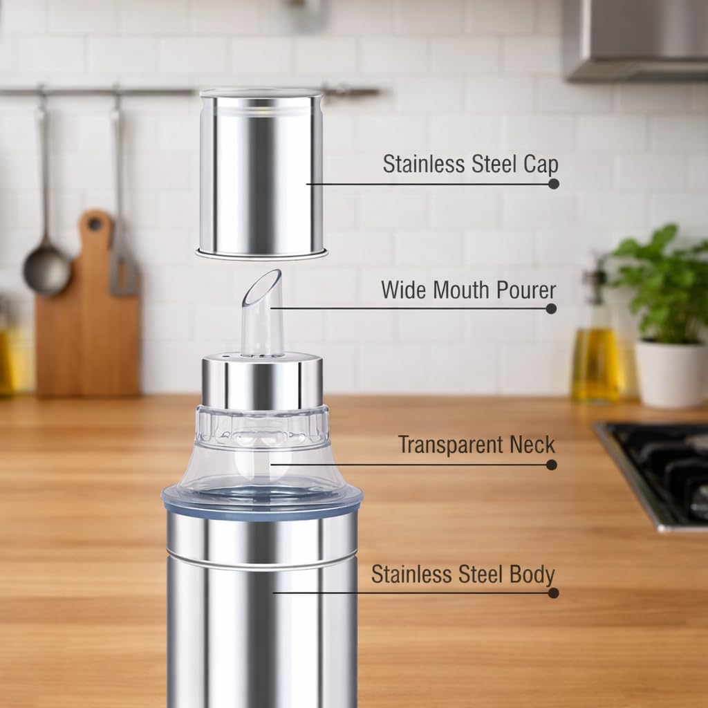STEEPLE® Steel Oil Dispenser 1 litre | Oil Container | Oil Bottle | Storage Organizer | Pot | Cooking Oil Dispenser For Kitchen Set & Resturant 1000ml Pack Of 2 2