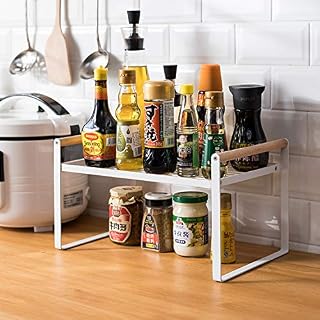 Thrarise Kitchen Shelf Organiser,Spice Racks, Iron and Wooden Handle, Cupboard shelfSuitable for Home and Kitchen Storage, White (35 * 21 * 20)