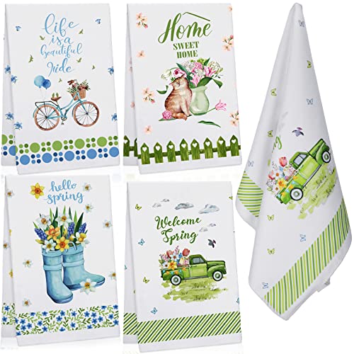 4 Pieces Spring Kitchen Towels Hello Spring With Flowers Kitchen Dish Towels Welcome Spring Seasonal Bicycle Truck Kitchen Dish Ultra Absorbent Soft Bar Tea Towels For Home Cooking Baking Bathroom #TOP1