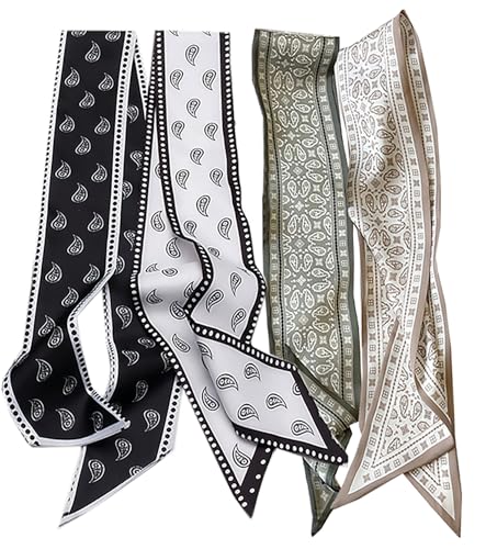 4Pcs Fashion Scarves for Women, Multifunctional Boho Floral Headbands Satin Scarf for Bag Hair Accessories