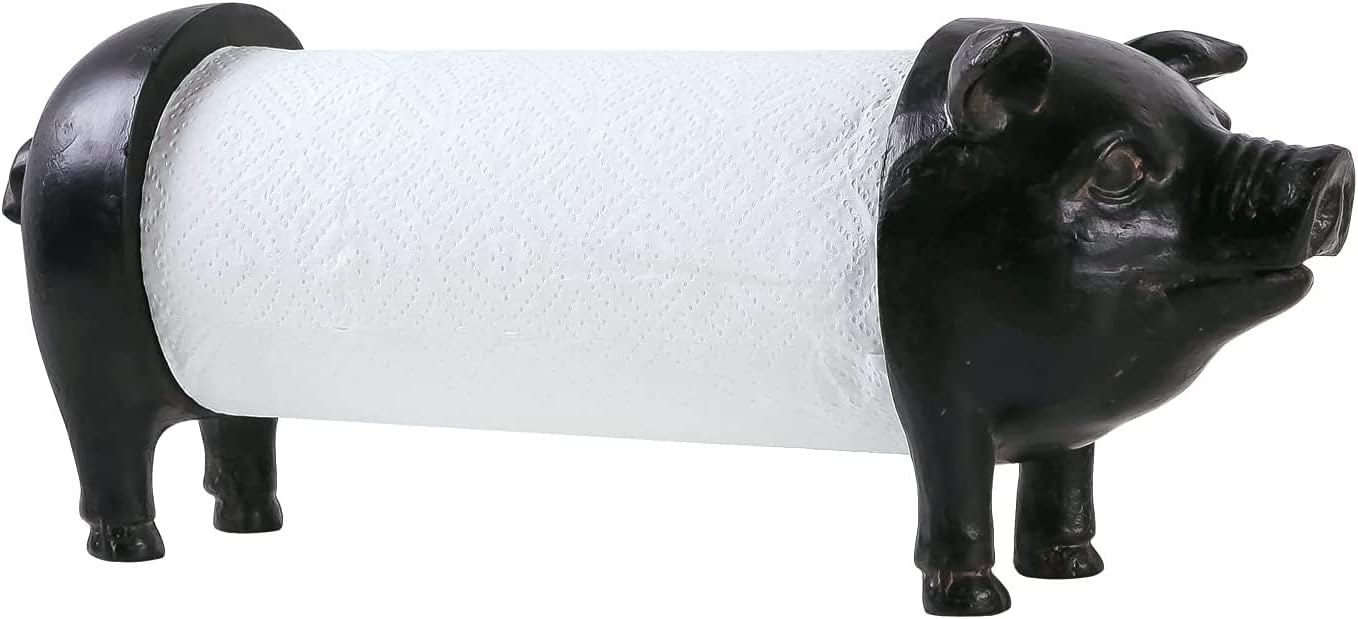 Black Pig Paper Towel Holder Farmhouse Paper Towel Holder, Rustic Country Decorative Standing Utensil for Kitchen, Vintage Animal Tissue Towel Display Stand,