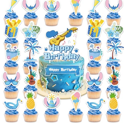 Senliart 26pack Blue Cartoon Party Supplies Hawaiian Cake Topper and 25 Cupcake Toppers for Baby Shower Decorations Dessert Table Supplies Blue Alien Friend Theme Birthday Party Decorations