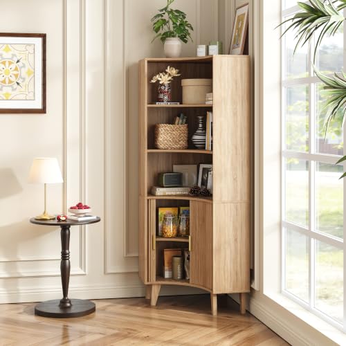 Image of Tall Corner Cabinet with Fluted Doors, 5-Tier Coffee Bar Cabinet with Storage, Narrow Storage Cabinets with Adjustable Shelves, Bathroom Organizers and Storage for Small Space, Natural
